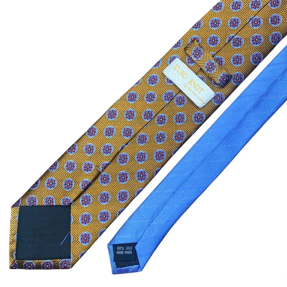Euro Knot by Berton Como Mens Silk Tie Gold Blue Red Geometric Medallion 3.25x59